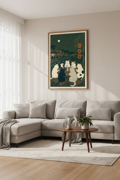 Japanese Cats Tea Party Art | Ukiyo-e Moonlit River Scene, Zen Living Room Decor