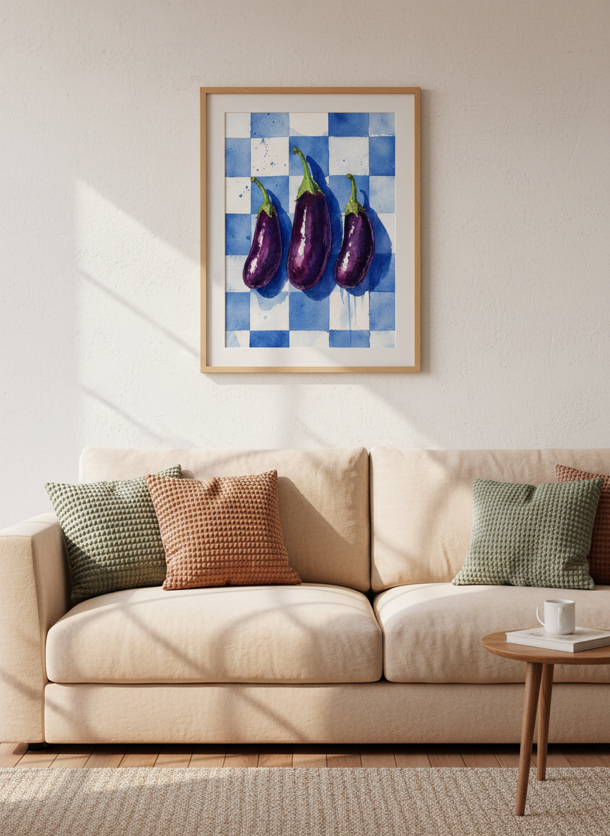 Eggplant Watercolor Print | Purple Kitchen Wall Art, Blue Checkered Poster