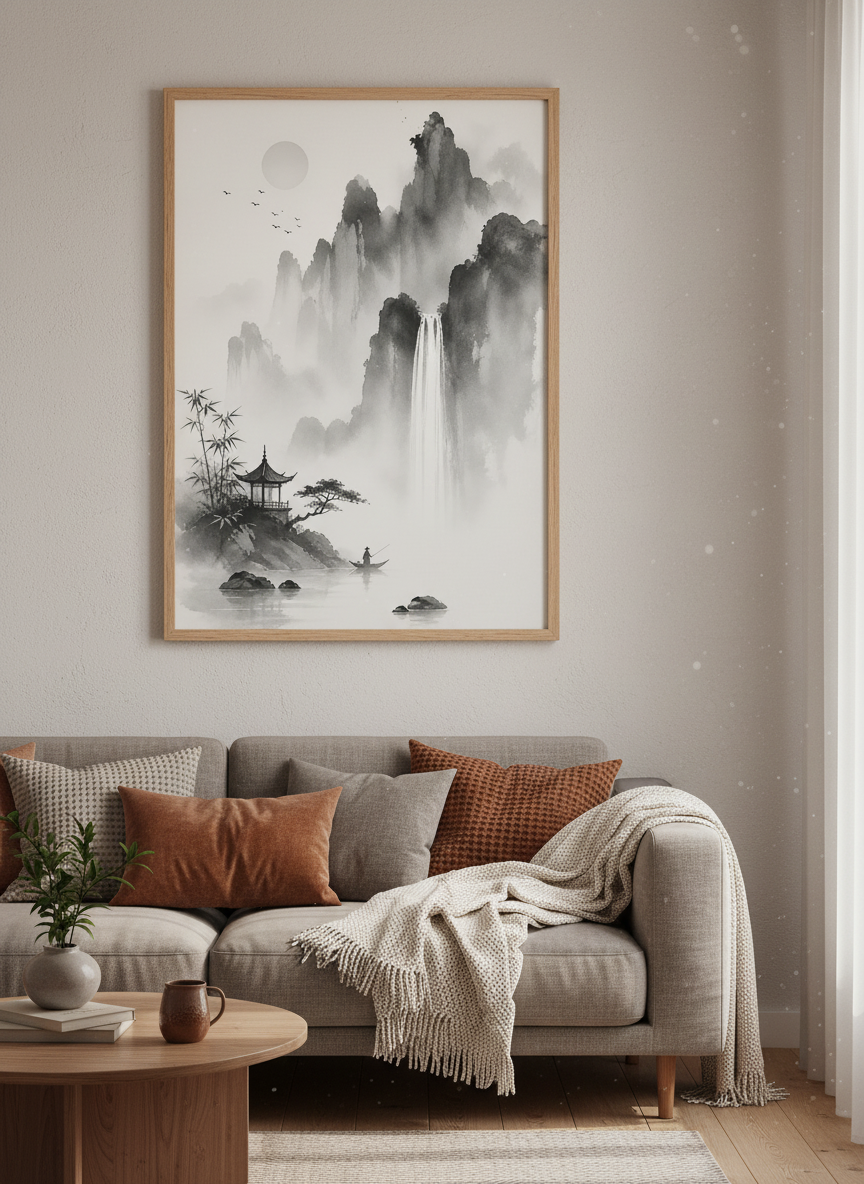 Japanese Ink Landscape Wall Art | Black &amp; White Zen Waterfall Poster, Living Room Decor