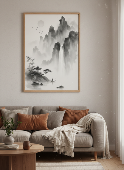 Japanese Ink Landscape Wall Art | Black &amp; White Zen Waterfall Poster, Living Room Decor