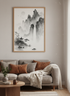 Japanese Ink Landscape Wall Art | Black & White Zen Waterfall Poster, Living Room Decor