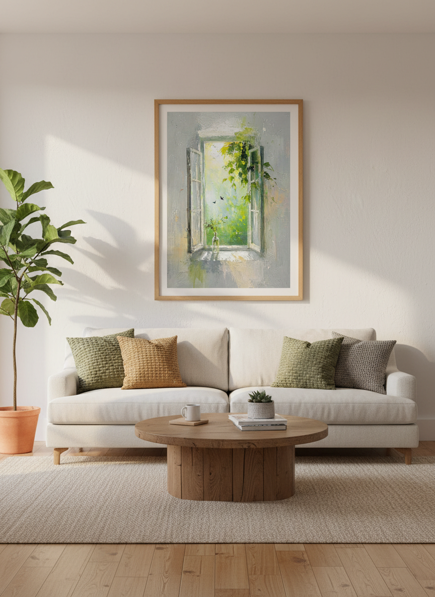 Open Window Garden Art | Impressionist Green Landscape, Living Room Decor