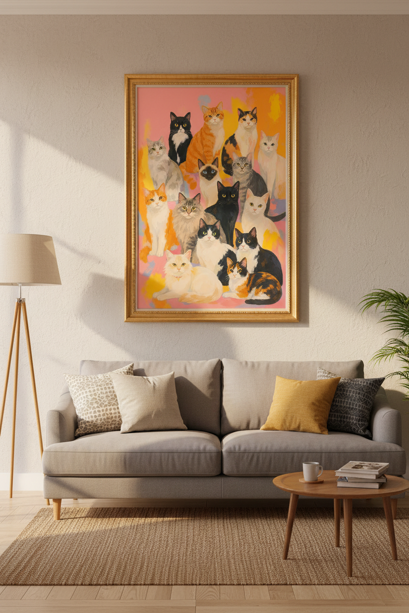 Cat Wall Art Print | Colorful Illustrated Feline, Living Room Decor