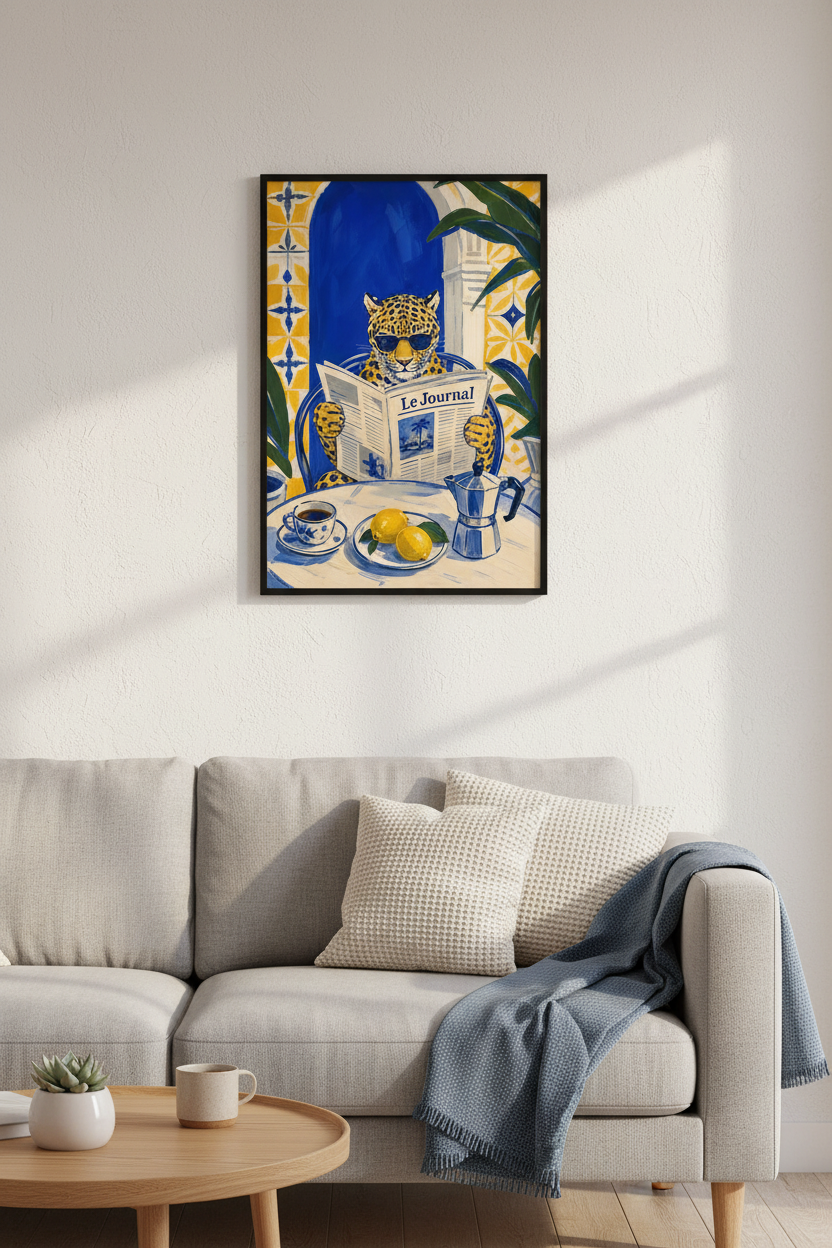 Leopard Wall Art Print | Mediterranean Blue Yellow, Kitchen Decor