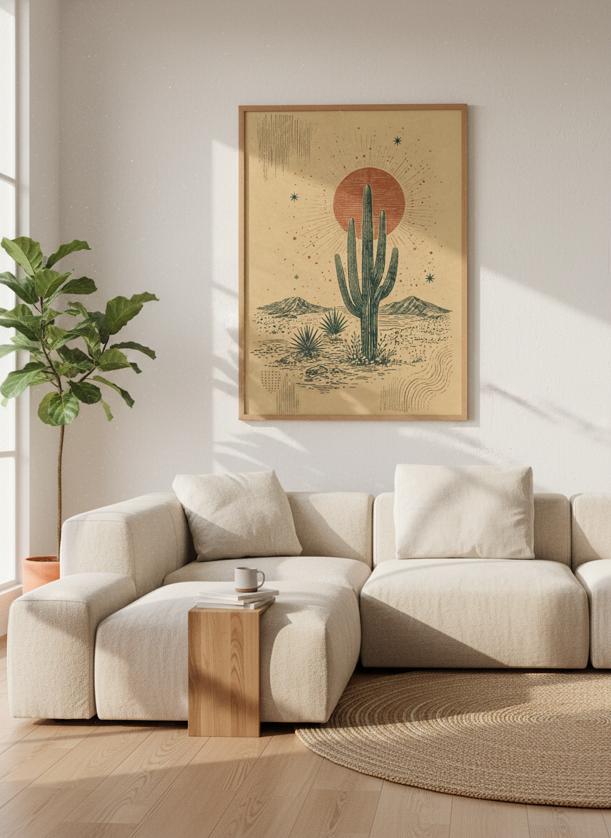 Boho Saguaro Cactus Wall Art Print | Desert Sun Landscape | Southwest Decor