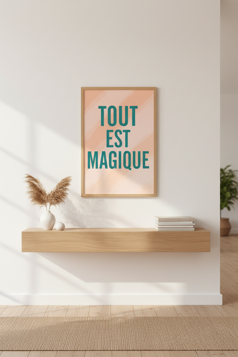 Minimalist French Quote Wall Art | Tout Est Magique Framed Poster | Aesthetic Home Decor | Sage Green Beige Art Print