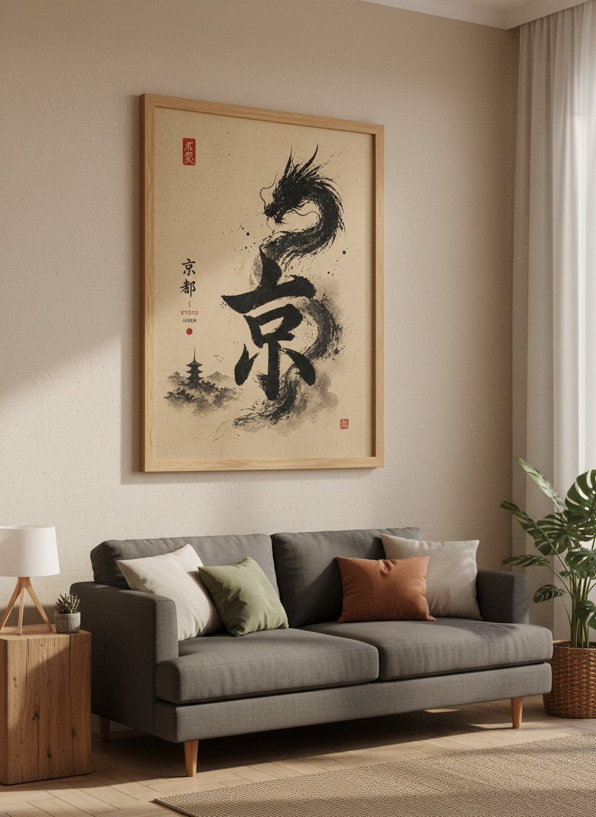 Japanese Dragon | Kyoto Kanji Sumi-e Ink Art, Zen Asian Wall Decor Poster