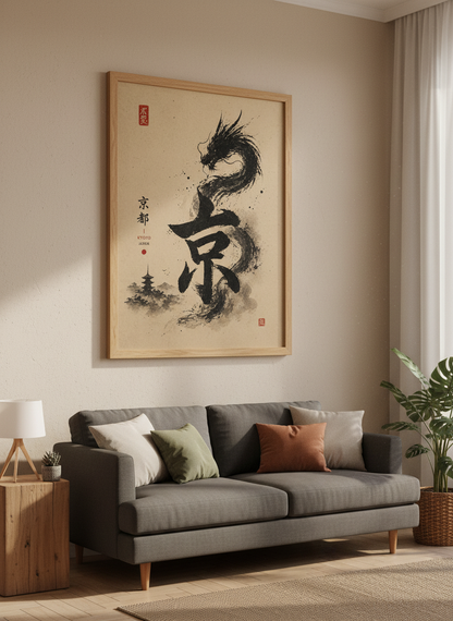 Japanese Dragon | Kyoto Kanji Sumi-e Ink Art, Zen Asian Wall Decor Poster