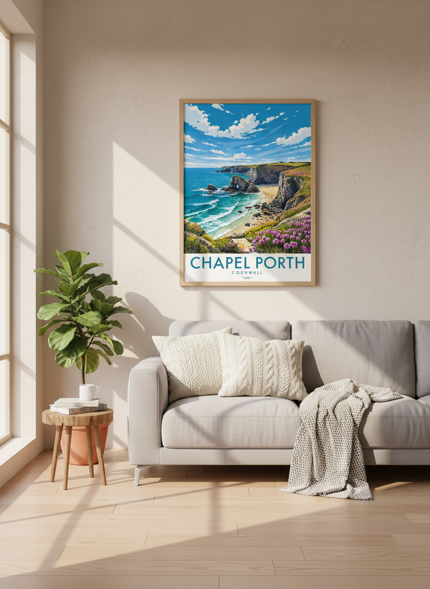 Chapel Porth Cornwall Travel Poster | Coastal Landscape Wall Art | Beach Decor