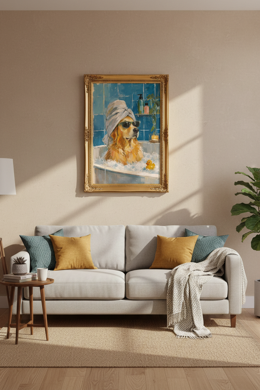 funny dog wall art | playful coastal colors, bathroom decor