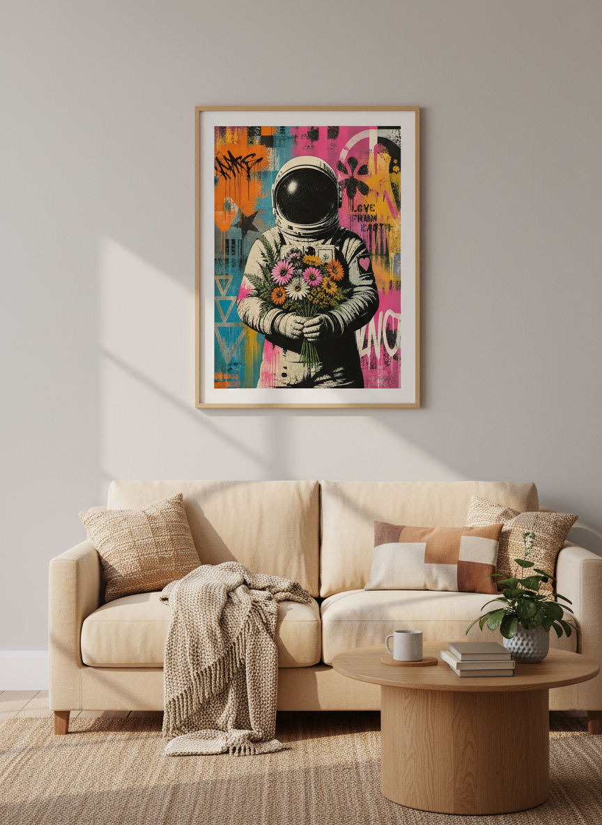 Astronaut with Flowers Street Art | Graffiti Pop Poster, Gamer Room Decor