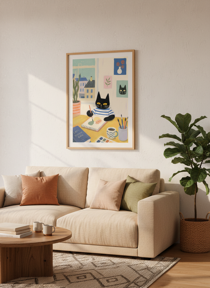 Black Cat Artist Painting | Whimsical Folk Art Illustration, Creative Studio Decor