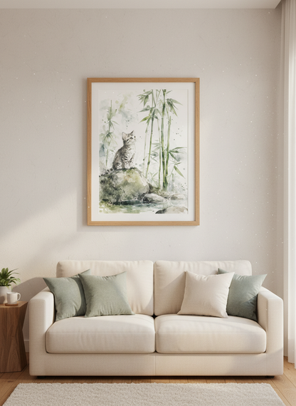 Watercolor Tabby Cat in Bamboo Wall Art | Sage Green Nature Decor | Zen Kitten Poster