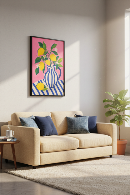 lemon wall art print | modern citrus pink blue, kitchen decor