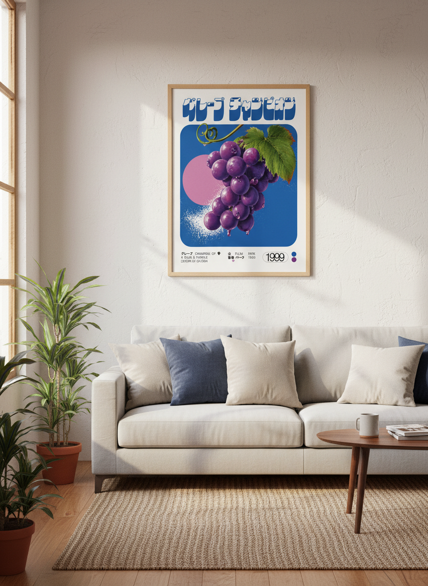 Retro Japanese Grape Poster | Fruit Kitchen Art, Blue Purple Aesthetic Room Decor