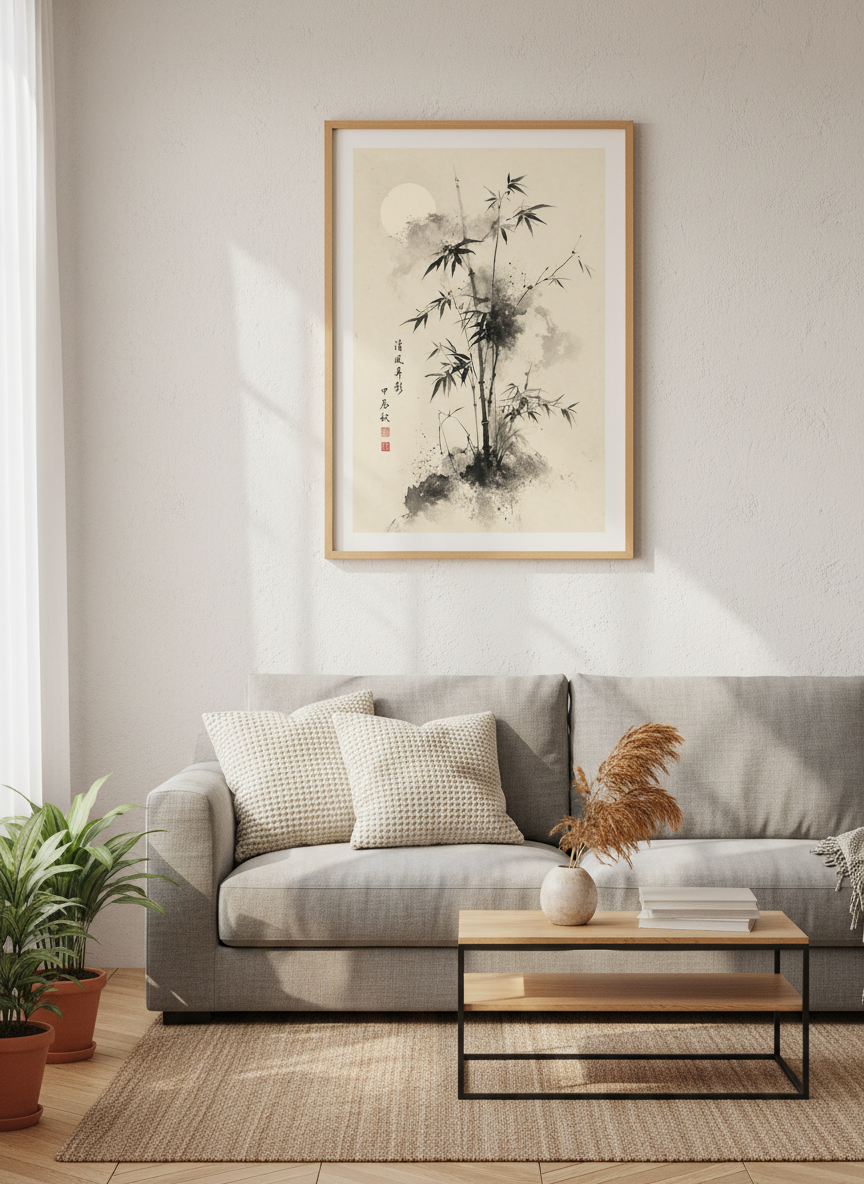 Japanese Bamboo Ink Wash Print | Zen Moon Home Decor | Minimalist Sumi-e Poster