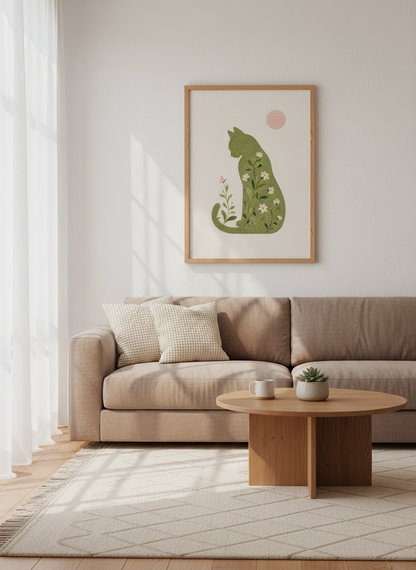 Floral Cat Silhouette Wall Art | Boho Botanical Green Decor, Nursery Nursery Poster
