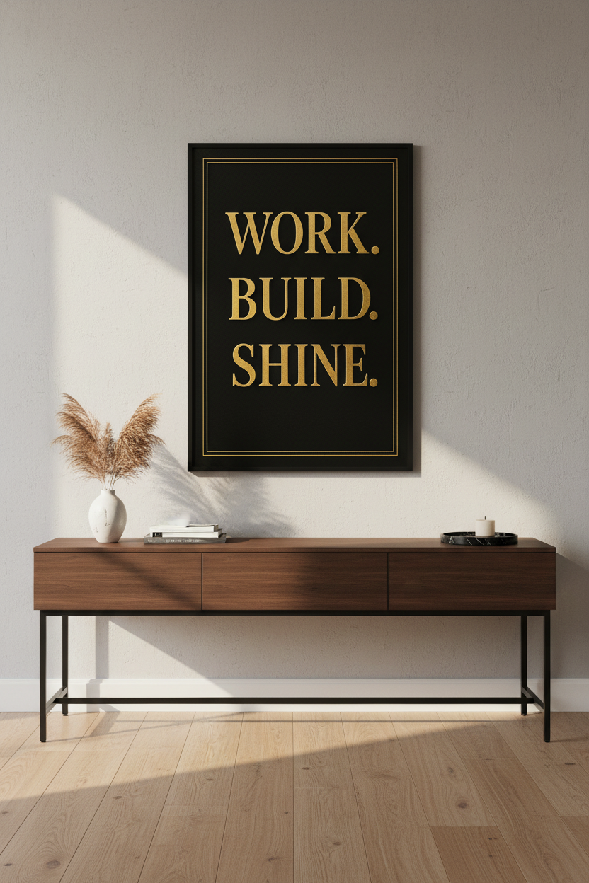 Motivational Quote Wall Art Print | Office Desk Decor | Work Build Shine Gold Black Poster | Inspirational Framed or Digital Art Gift