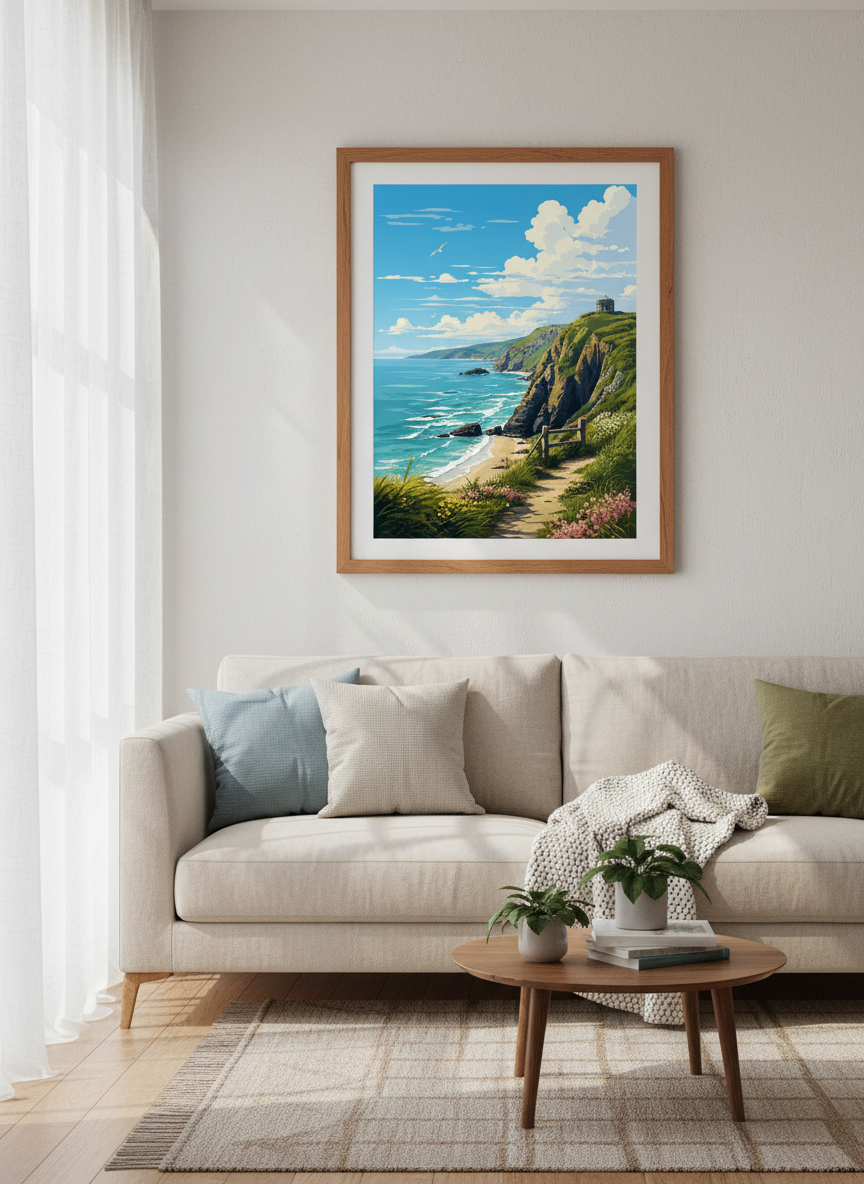 Coastal Landscape Wall Art | Mussenden Temple Northern Ireland, Blue Beach Poster
