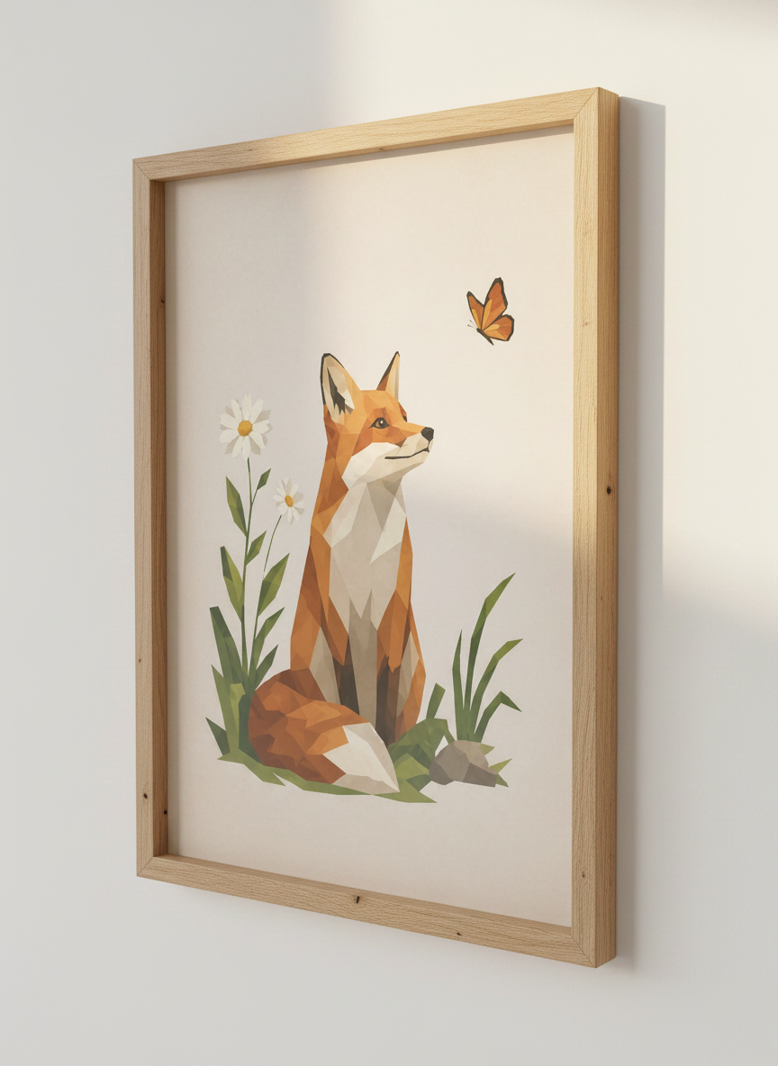 Geometric Fox Wall Art Print | Boho Nursery Decor | Mid Century Modern Animal Poster | Daisy Butterfly Woodland Art