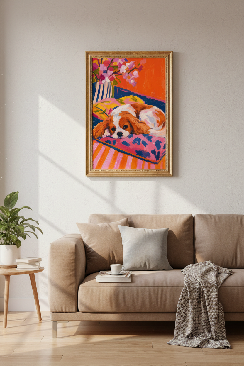 colorful dog print | vibrant gouache hues, living room decor