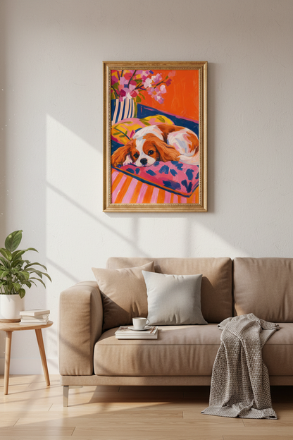 colorful dog print | vibrant gouache hues, living room decor