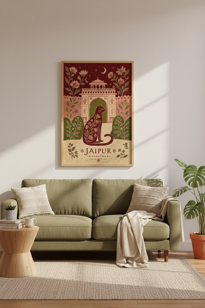 Jaipur India Cat Wall Art | Floral Mughal Folk Poster, Living Room Decor