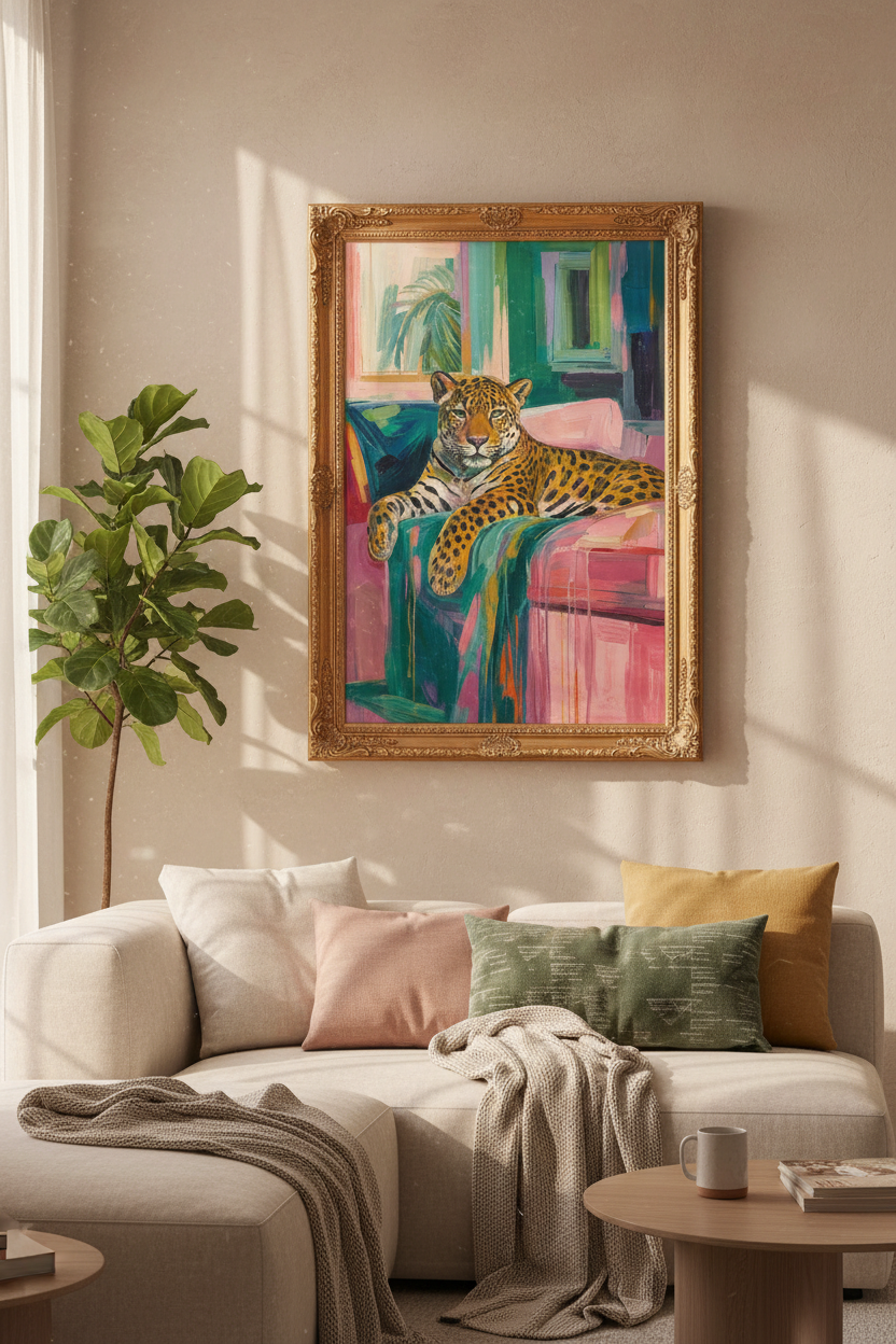 Leopard Wall Art | Colorful Abstract Tropical Living Room Decor