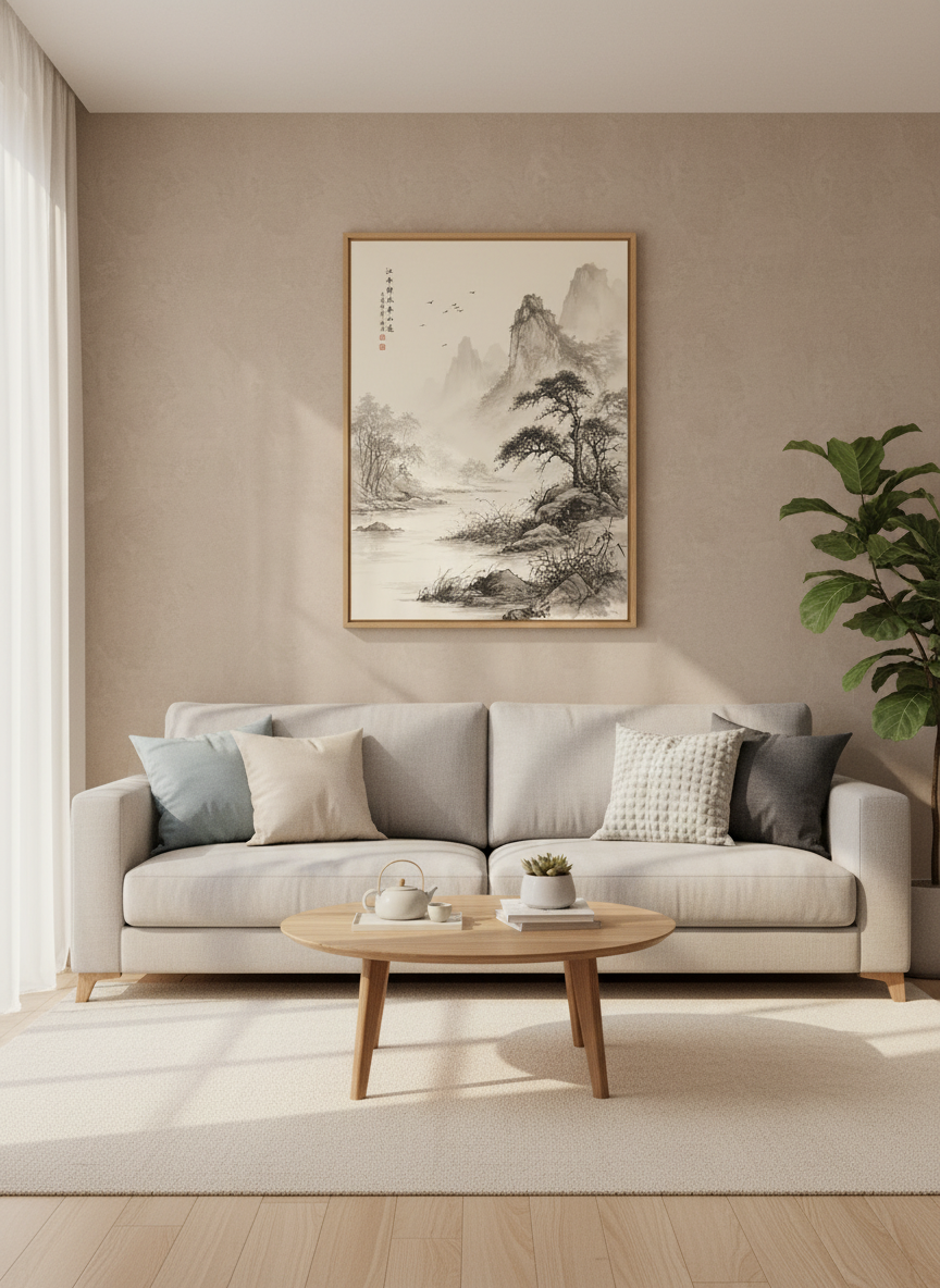 Japanese Landscape Wall Art | Ink Wash Mountain Print | Zen Home Decor Poster