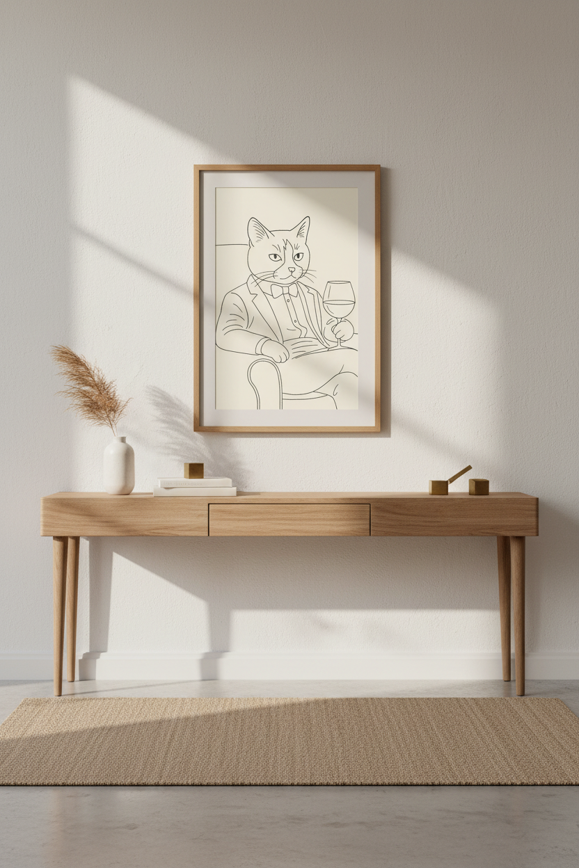 Minimalist Dapper Cat Framed Wall Art | Bar Cart Decor | Sophisticated Animal Poster | Ready to Hang Art Print