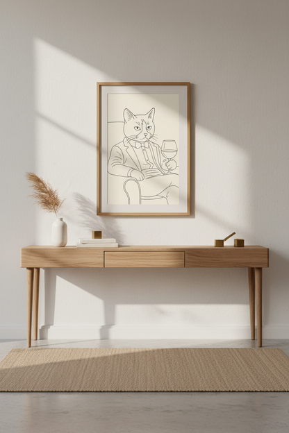 Minimalist Dapper Cat Framed Wall Art | Bar Cart Decor | Sophisticated Animal Poster | Ready to Hang Art Print
