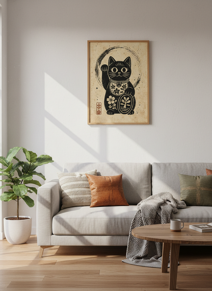 Maneki Neko Lucky Cat Art | Japanese Linocut Style, Black &amp; Beige Zen Decor