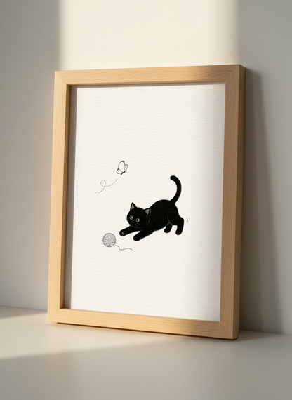 Cute Cat and Butterfly Wall Art Print | Minimalist Kids Room Decor | Pet Lover Nursery Poster | Playful Black Cat Art