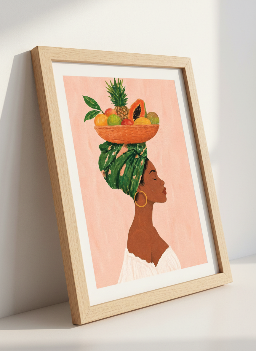 Abstract Woman with Fruit Wall Art Print | Kitchen Decor | Boho Aesthetic Poster | African American Art