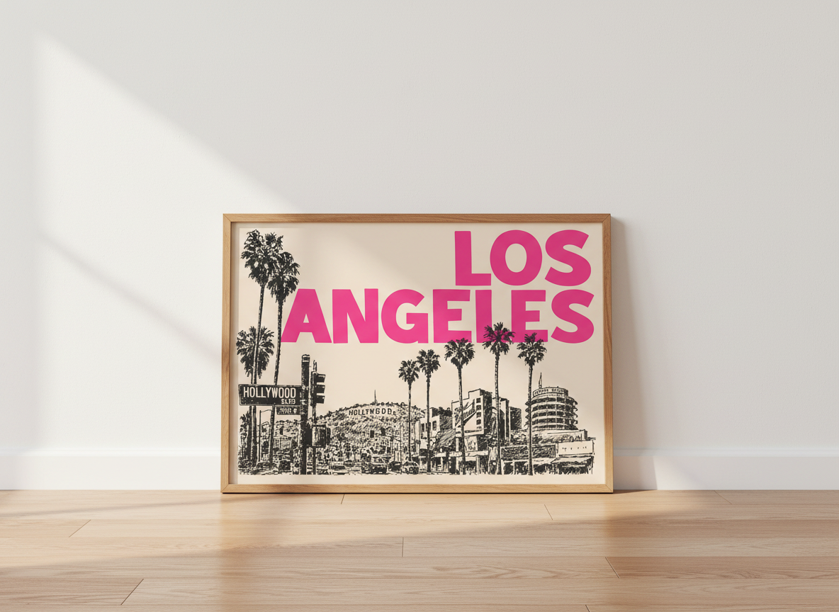Retro Los Angeles Wall Art Print | Hollywood Room Decor | Pink City Poster | Palm Tree Aesthetic Sign | LA Travel Art