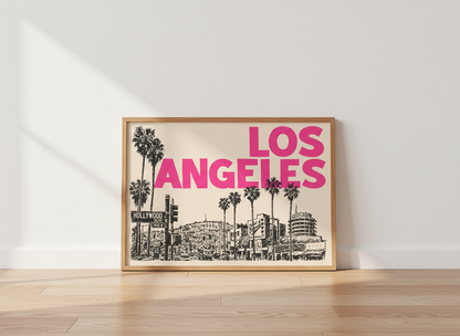 Retro Los Angeles Wall Art Print | Hollywood Room Decor | Pink City Poster | Palm Tree Aesthetic Sign | LA Travel Art