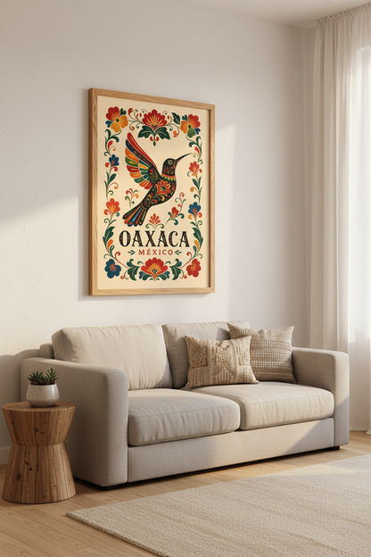 Oaxaca Hummingbird Wall Art | Mexican Folk Flower Poster | Colorful Boho Kitchen Decor
