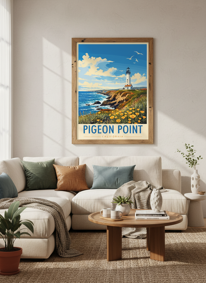 Pigeon Point Lighthouse Wall Art | California Coastal Print | Vintage Travel Poster