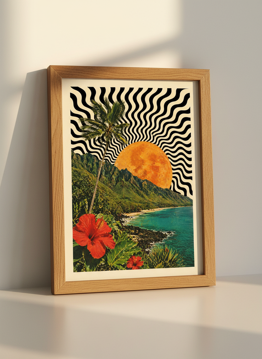 Psychedelic Tropical Sunset Wall Art Print | Boho Living Room Decor | Retro Ocean Poster | Wavy Black &amp; White