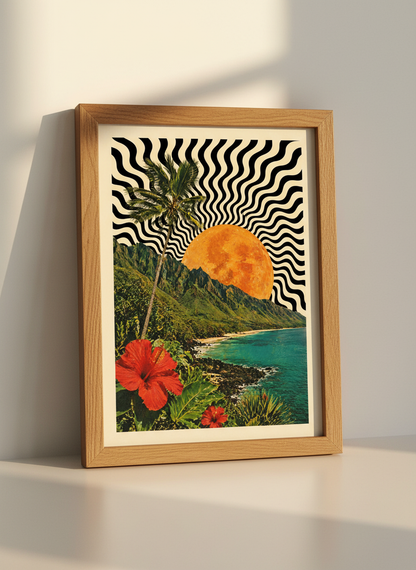 Psychedelic Tropical Sunset Wall Art Print | Boho Living Room Decor | Retro Ocean Poster | Wavy Black &amp; White