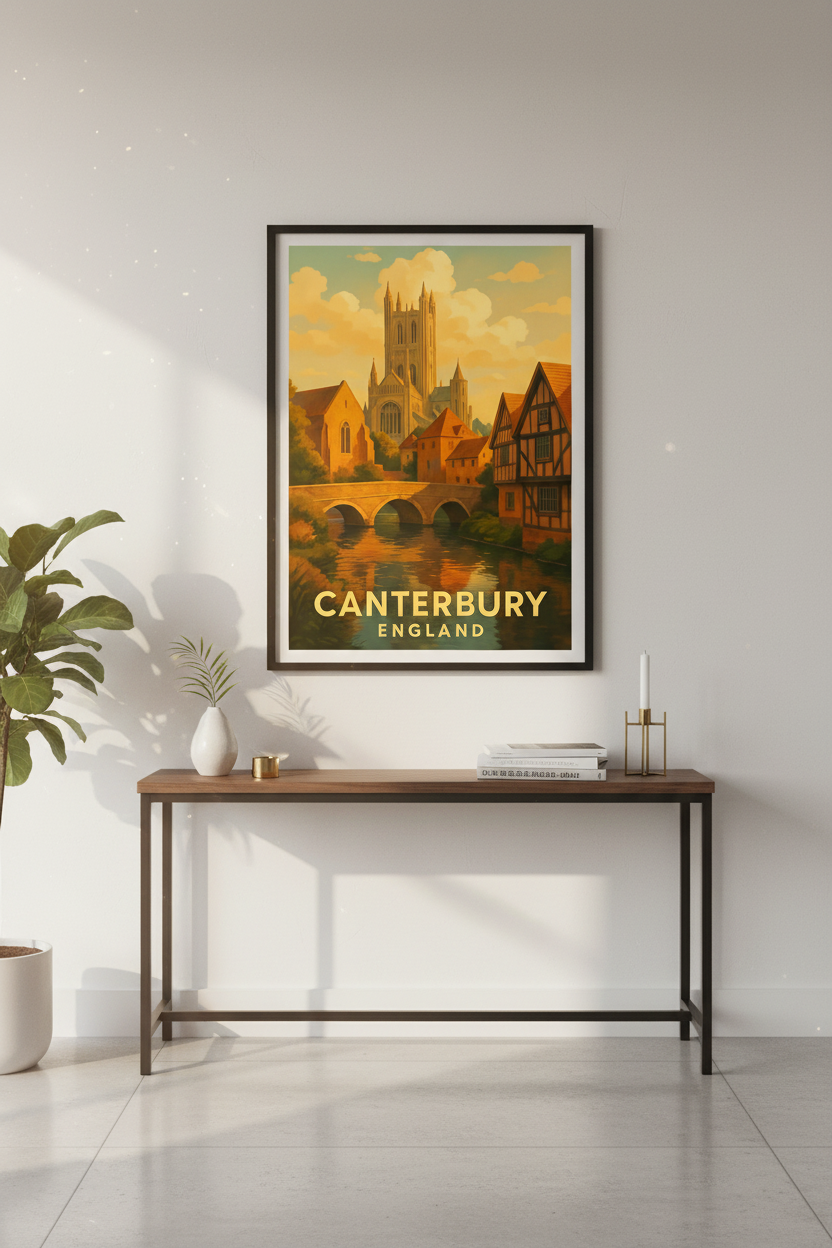 Vintage Canterbury England Travel Poster | Framed European Cityscape Art | Living Room Decor | Retro Aesthetic Wall Art