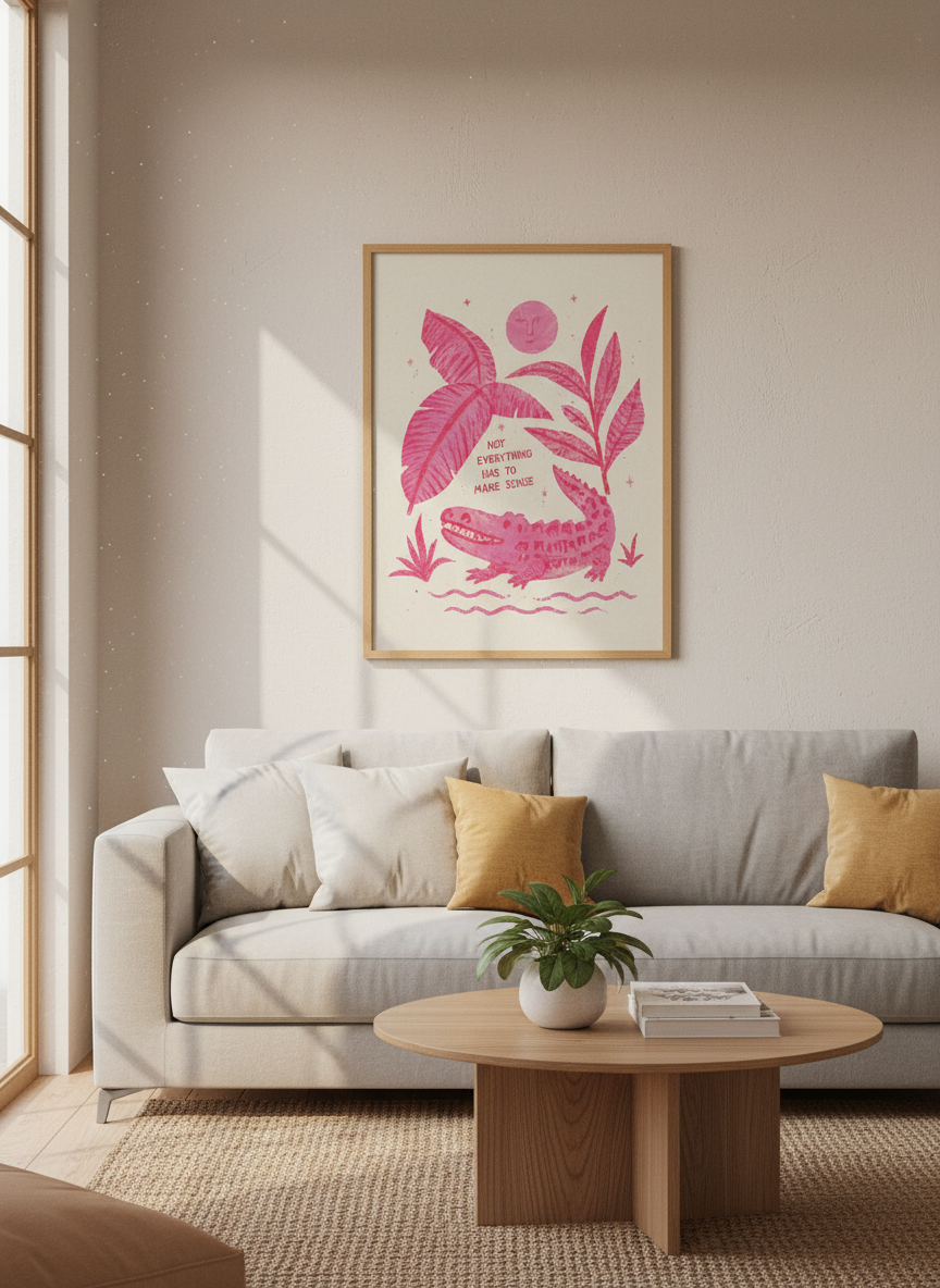Pink Alligator Art Print | Boho Funky Wall Decor, Quirky Quote Poster, Funky Room Art