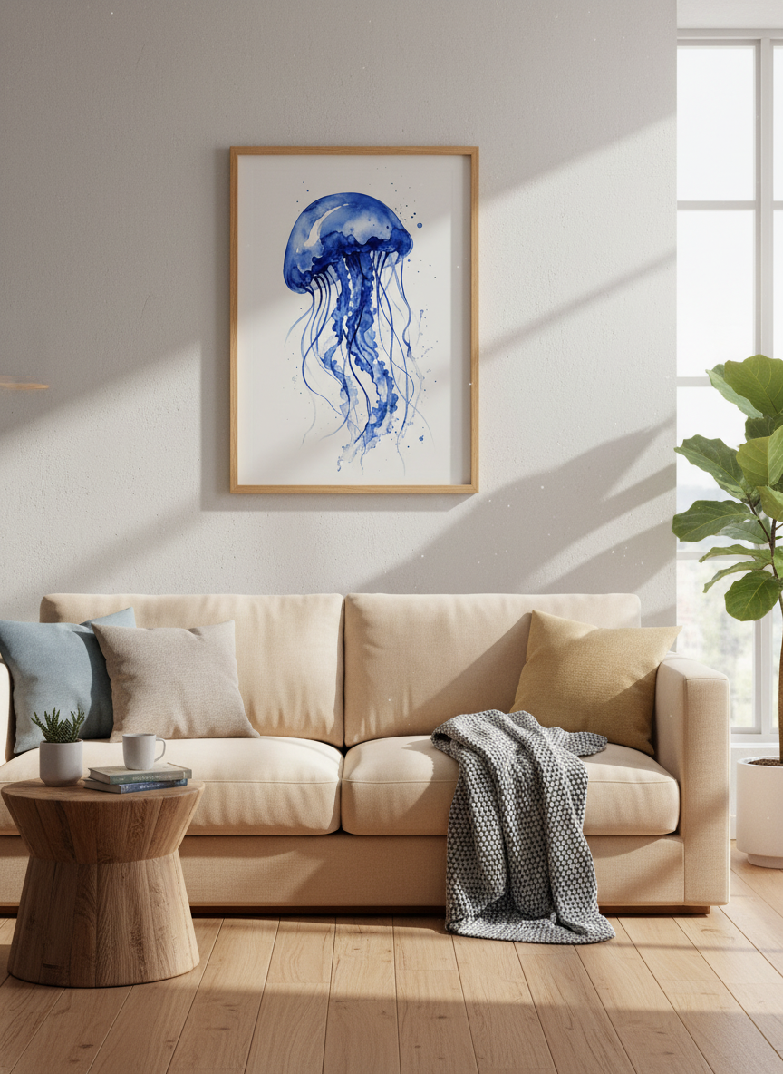 Blue Jellyfish Watercolor | Coastal Indigo Sea Life Print | Modern Bathroom Decor