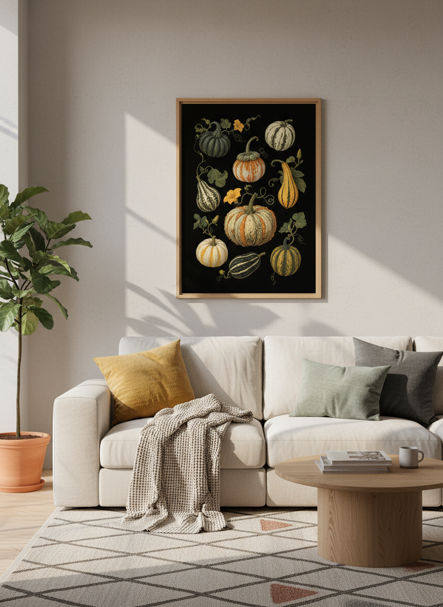 Vintage Pumpkin Botanical Wall Art | Dark Academia Fall Decor | Moody Gourd Poster