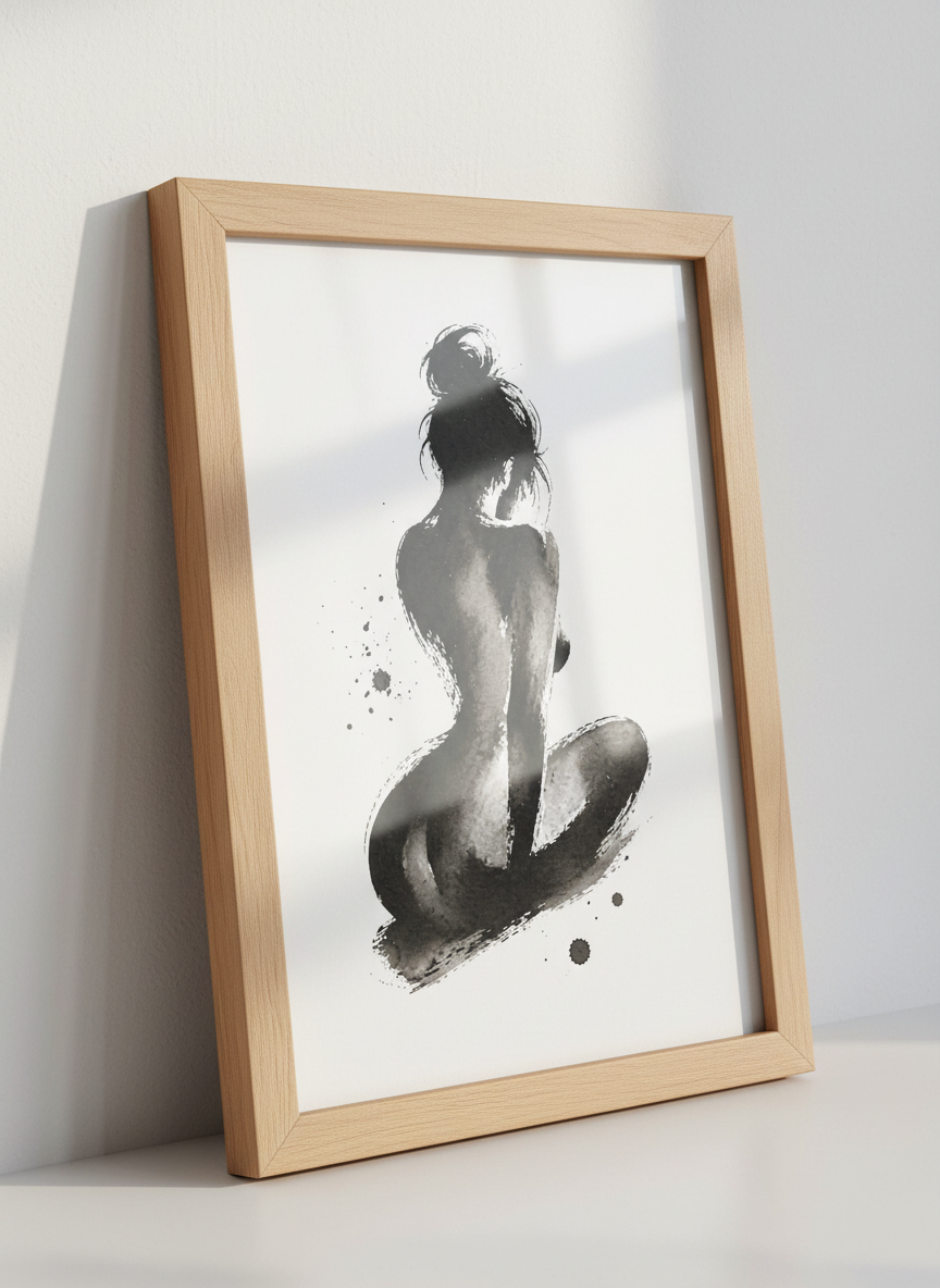 Zen Ink Wash Woman Figure Wall Art Print | Bedroom Decor | Minimalist Poster | Nude Female Painting