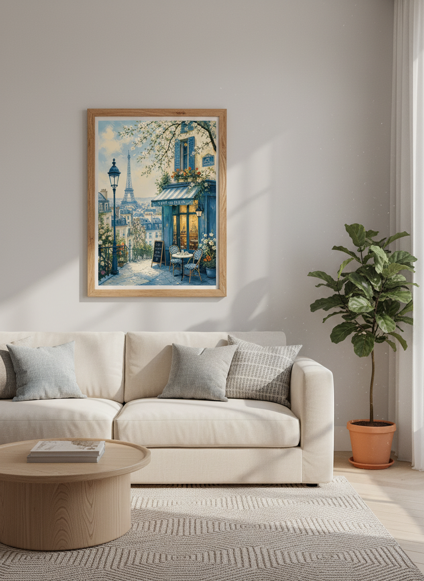 Paris Cafe Street Scene Wall Art Print | French Blue Decor | Impressionist Poster
