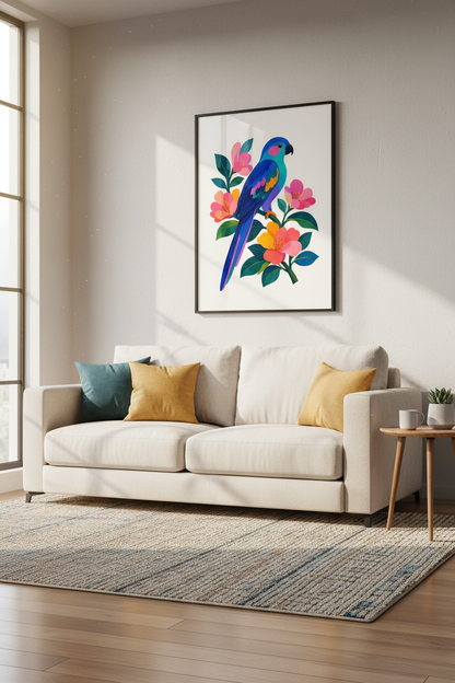 tropical parrot art | vibrant botanical teal pink living room