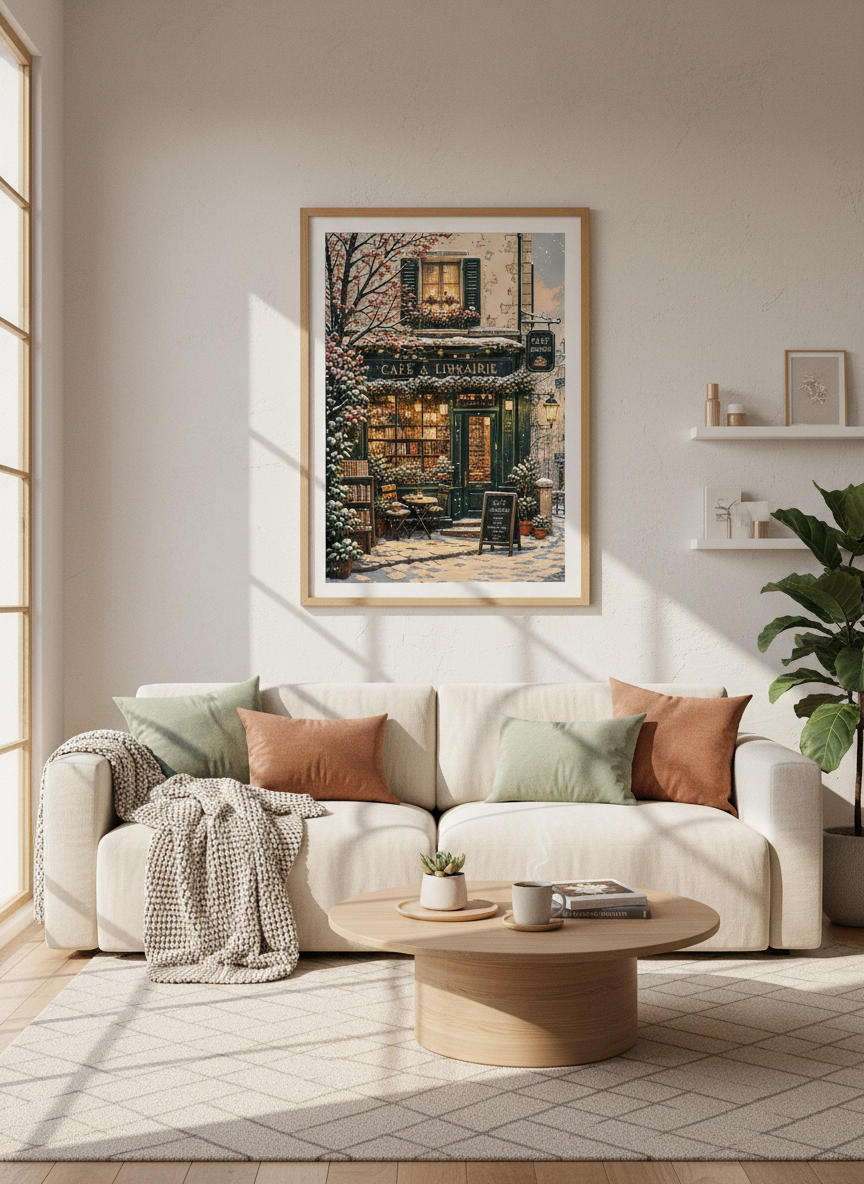 Parisian Winter Bookstore | Cozy Cafe Wall Art, Dark Academia Library Print