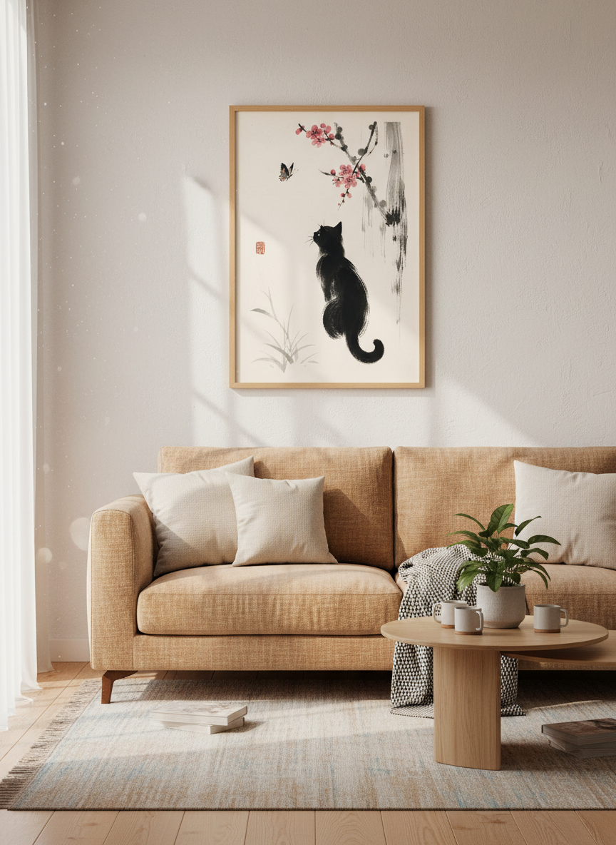 Black Cat &amp; Butterfly Wall Art | Japanese Sumi-e Style, Zen Nature Decor