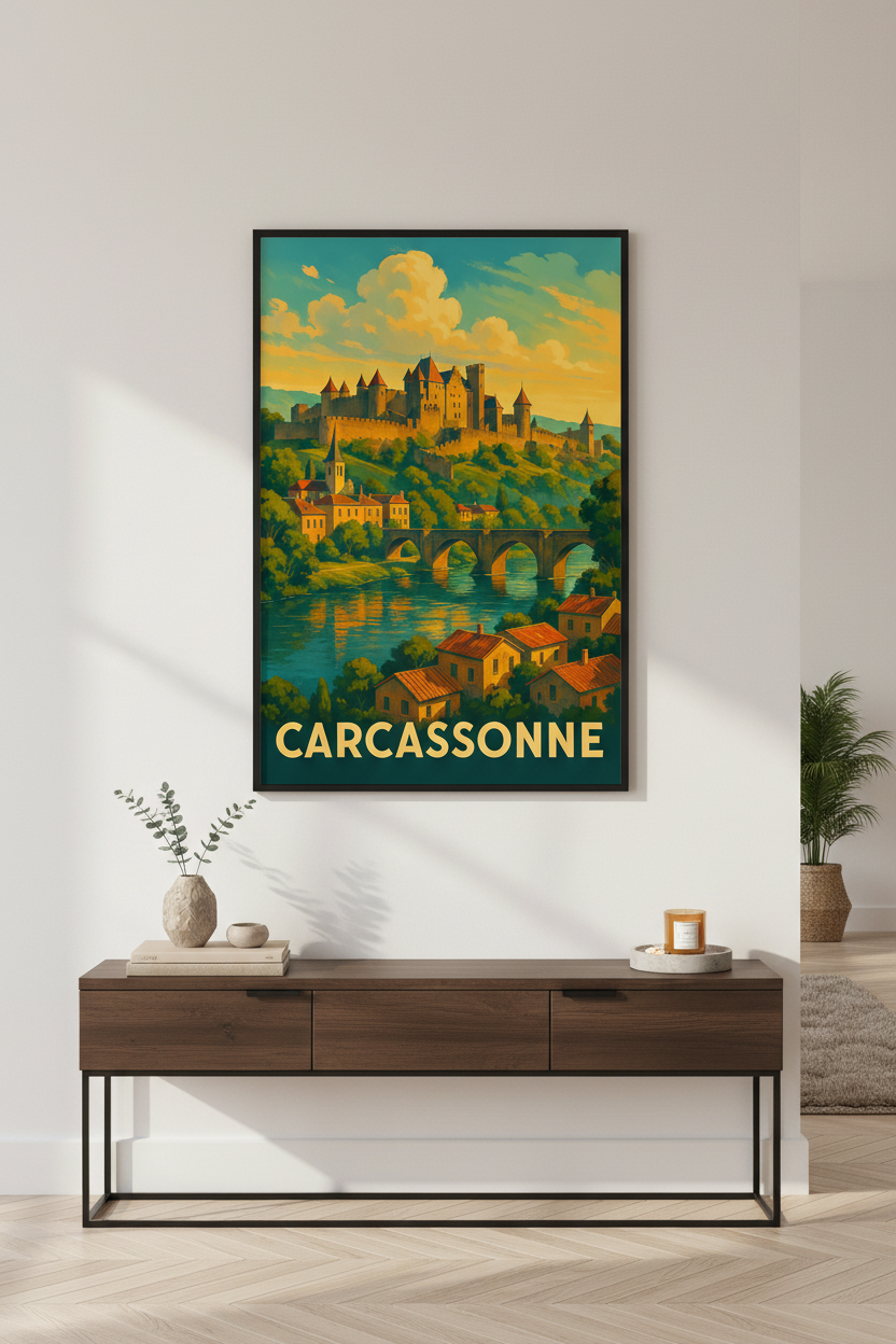 Retro Travel Carcassonne Wall Art Print | French City Decor | Vintage Travel Poster Framed Art | Ready to Hang Wall Decor